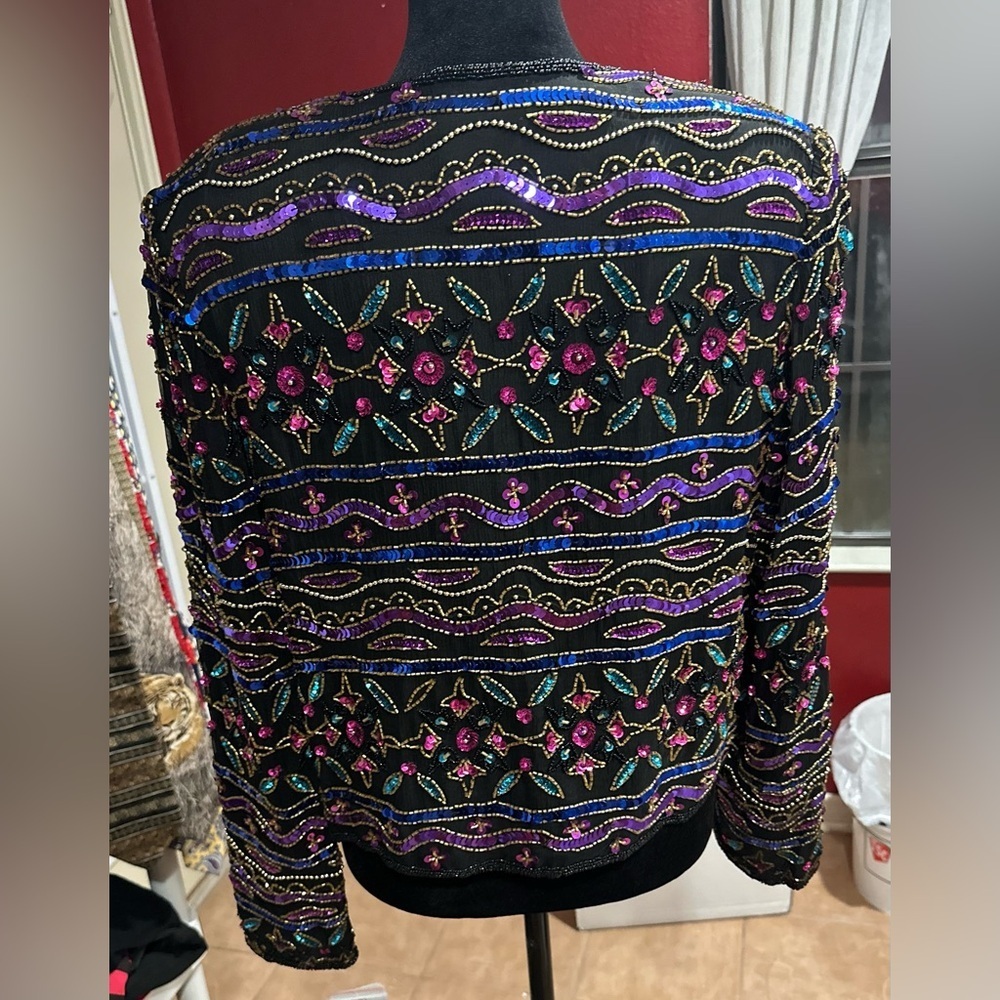 Papell Boutique Evening Beaded Silk Jacket PM Black Purple Blue Gold Sequins NWT - Picture 2 of 9